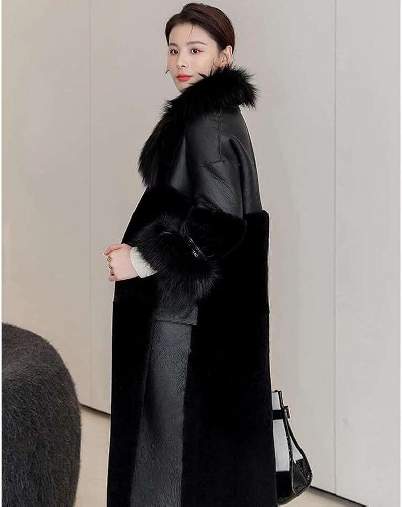 Denny&Dora Women's Shearling Jacket Fox Fur Collar Merino